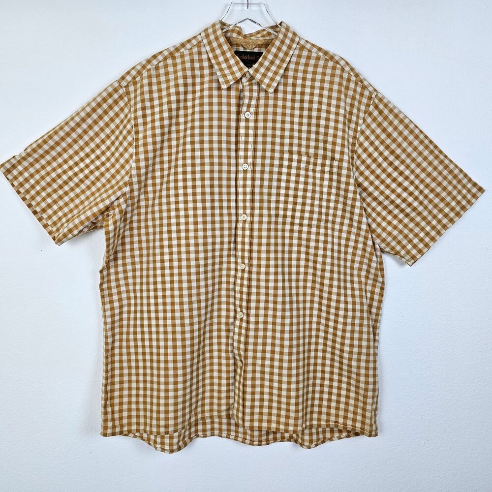Timberland Mens Shirt Tan Beige Checked Short Sleeve Button Cotton Size 3XL